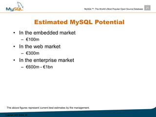 21MySQL™: The World’s Most Popular Open Source Database
Copyright 2003 MySQL AB
Estimated MySQL Potential
• In the embedde...