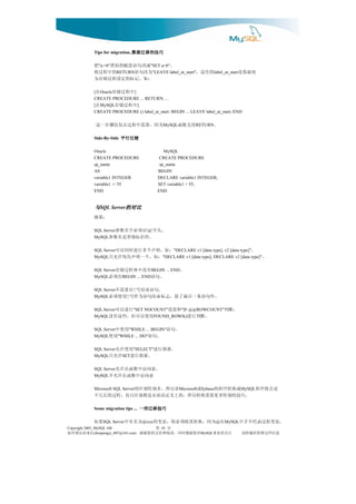 巧技的移迁据数
                巧技的移迁据数
                巧技的移迁据数
                巧技的移迁据数
              Tips for migration..

              。    成改句语值赋的似类 把
                 "a:=b"                        "SET a=b"
                  为改句语     的中程过将
                           RETURN                                    的里这，
                                                "LEAVE label_at_start"                        初最你是
                                                                                 label_at_start
                  ：如。记标的定设程过储存为
              [ Oracle 中程过储存 在
                            ]
              CREATE PROCEDURE ... RETURN; ...
              [ MySQL 中程过储存   ]在
              CREATE PROCEDURE () label_at_start: BEGIN ... LEAVE label_at_start; END

               为因，要需中程过在仅仅骤步一这                       MySQL  持支数函     RETURN      。
                    较比行平
                    较比行平
                    较比行平
                    较比行平
              Side-By-Side

              Oracle                                  MySQL
              CREATE PROCEDURE                      CREATE PROCEDURE
              sp_name                               sp_name
              AS                                   BEGIN
              variable1 INTEGER                    DECLARE variable1 INTEGER;
              variable1 := 55                      SET variable1 = 55;
              END                                  END


               与SQL Server的对比
                          的对比
              ：要摘
              SQL Server                   。头开 以须必字名数参
                                             '@'
              MySQL                           。符识标规常是名数参
                    。
              SQL Server                ：如，明声个多行进时同以可    "DECLARE v1 [data type], v2 [data type]"
                  。
              MySQL                         ：如，个一明声次每许允只
                                                     "DECLARE v1 [data type]; DECLARE v2 [data type]"

              SQL Server             。         有没中体程过储存
                                               BEGIN ... END
              MySQL           BEGIN ... END。句语       有须必
              SQL Server              ';'   。句语束结号 以要需不
              MySQL          。外句语条一后最了除，志标束结句语为作号 用使须必
                                ';'

              SQL Server ，断判          和置设
                                      "SET NOCOUNT"行进以可"IF @@ROWCOUNT"
              MySQL            。断判行进          用使以可但，些这有没
                                              FOUND_ROWS()

              SQL Server               。句语
                             "WHILE ... BEGIN"      用使中
              MySQL      "WHILE ... DO"     。句语       用使
              SQL Server                。派指行进
                                      "SELECT"     用使许允
              MySQL           SET              。派指行进 许允只
              SQL Server                     。表问访中数函在许允
              MySQL                           表问访中数函在许允不
               是会将序程    成换转序程的 或
              Microsoft SQL Server     讲以所，多别特别区的            Microsoft   Sybase                   MySQL
                      。巧技的别特多更要需换转以所，的上义定法语在是都别区且而，程过的长冗个
              Some migration tips ...      巧技移迁些一
                                          巧技移迁些一
                                           巧技移迁些一
                                          巧技移迁些一
              ，量变程过表代不并中    在 为因，换转其将须必你，量变的 为名有中
                   SQL Server               @xxx         果如                       @ MySQL
Copyright 2005, MySQL AB                        页 第 45
信来请误错有如         chenpengyi_007@163.com  对您谢感时同，读阅和持支的您谢谢，                MySQL注关的业事               息信些这留保时载转请
 