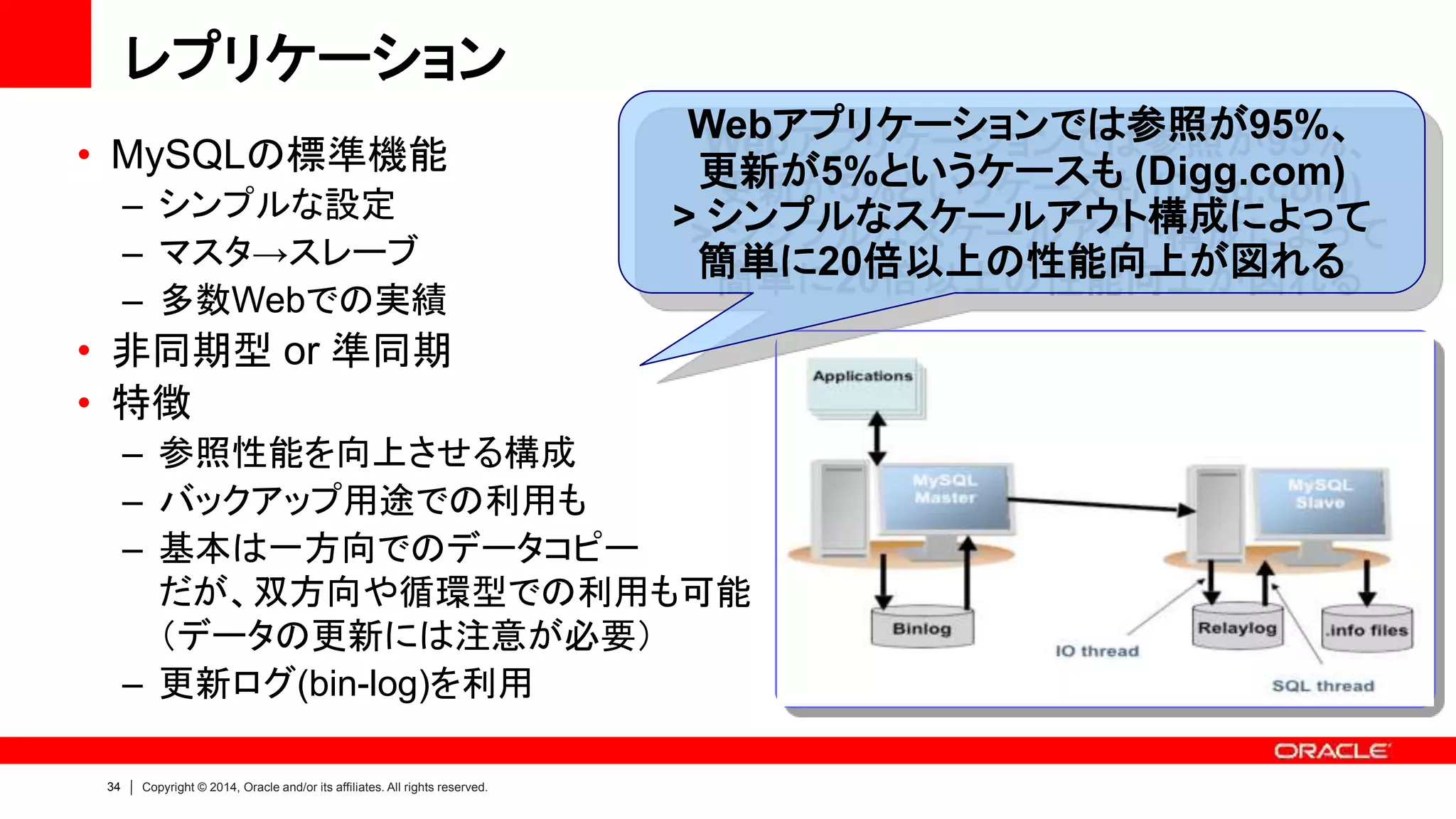 34 Copyright © 2014, Oracle and/or its affiliates. All rights reserved.
レプリケーション
• MySQLの標準機能
– シンプルな設定
– マスタ→スレーブ
– 多数Webでの実績
• 非同期型 or 準同期
• 特徴
– 参照性能を向上させる構成
– バックアップ用途での利用も
– 基本は一方向でのデータコピー
だが、双方向や循環型での利用も可能
（データの更新には注意が必要）
– 更新ログ(bin-log)を利用
Webアプリケーションでは参照が95%、
更新が5%というケースも (Digg.com)
> シンプルなスケールアウト構成によって
簡単に20倍以上の性能向上が図れる
 