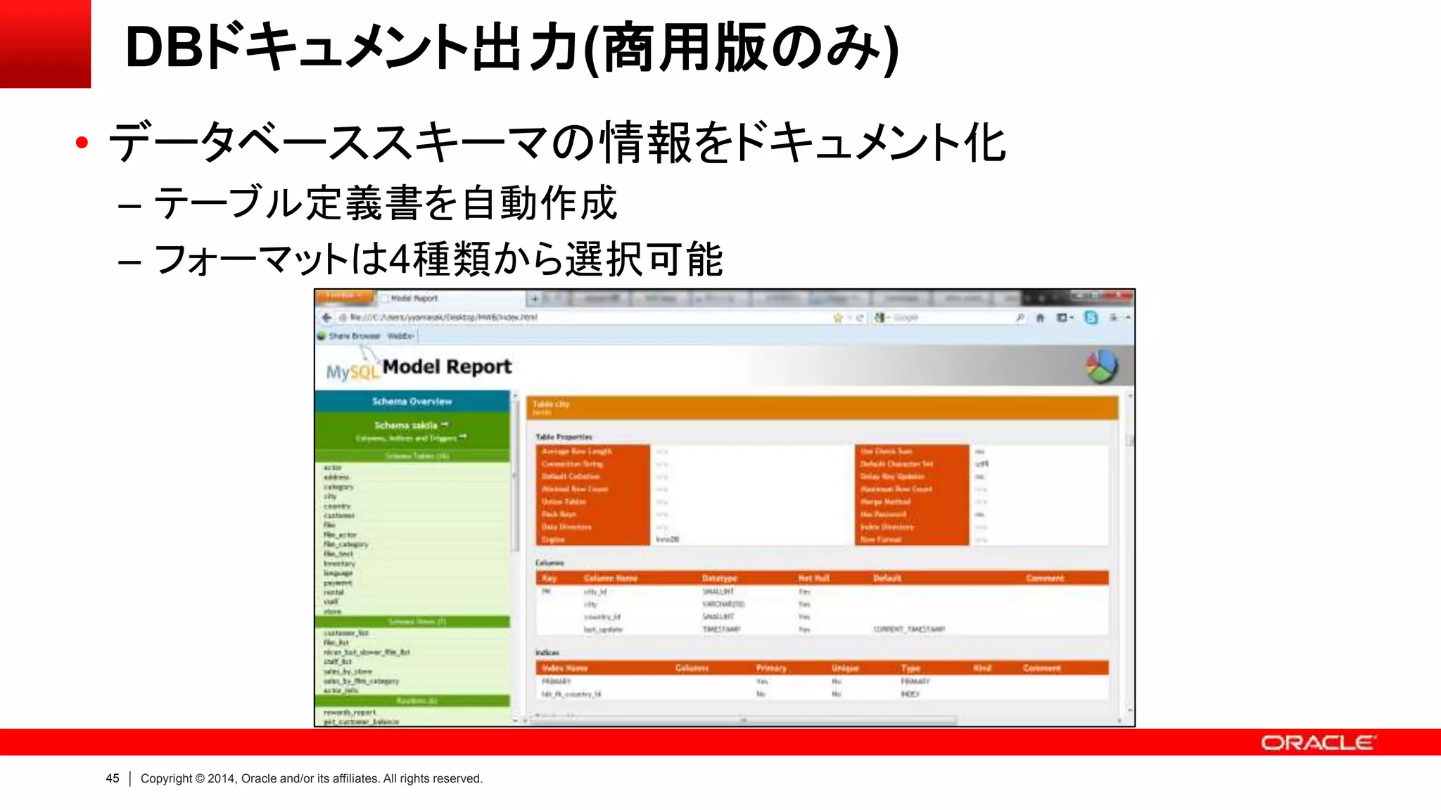 45 Copyright © 2014, Oracle and/or its affiliates. All rights reserved.
DBドキュメント出力(商用版のみ)
• データベーススキーマの情報をドキュメント化
– テーブル定義書を自動作成
– フォーマットは4種類から選択可能
 