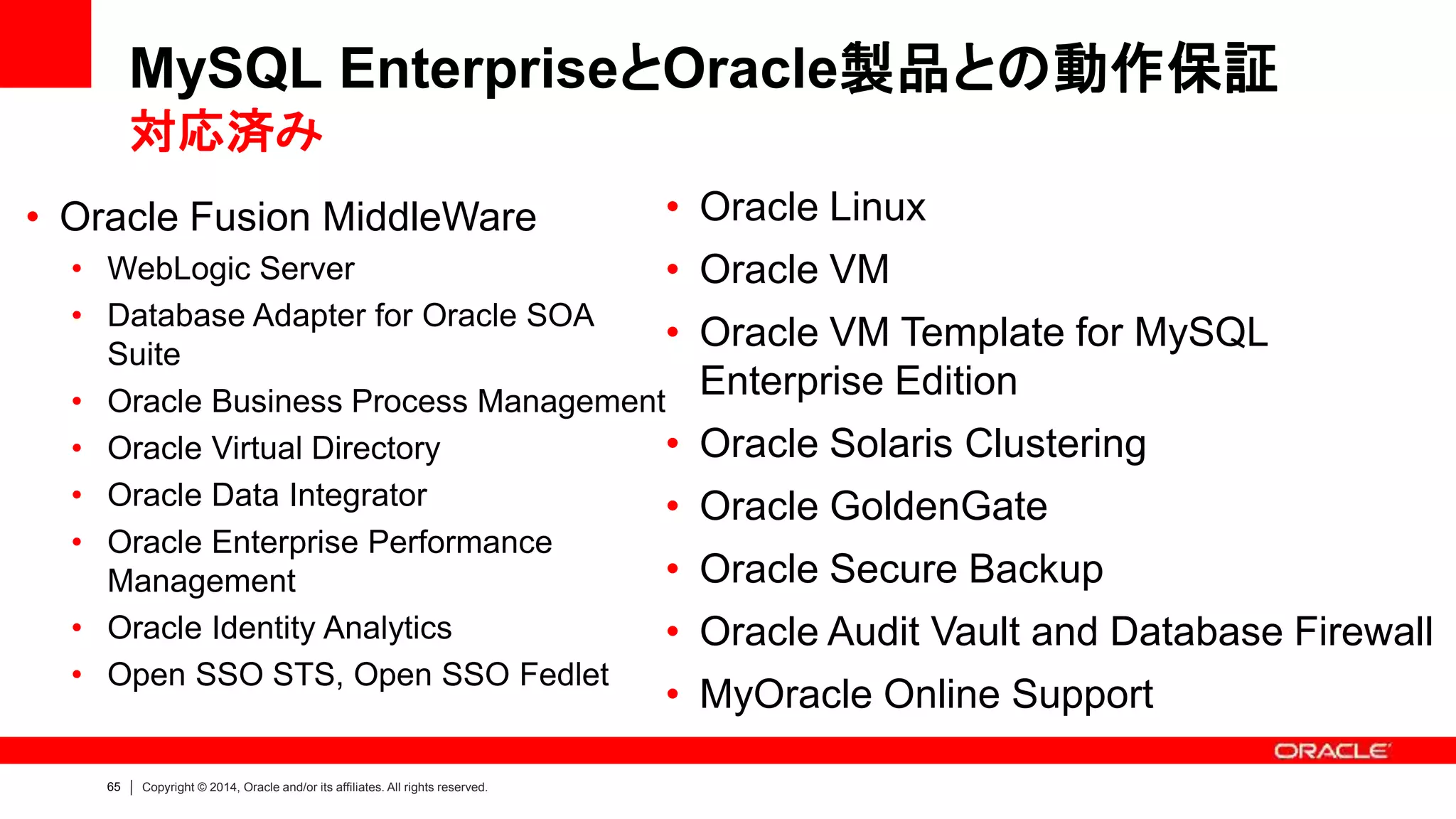 65 Copyright © 2014, Oracle and/or its affiliates. All rights reserved.
• Oracle Fusion MiddleWare
• WebLogic Server
• Database Adapter for Oracle SOA
Suite
• Oracle Business Process Management
• Oracle Virtual Directory
• Oracle Data Integrator
• Oracle Enterprise Performance
Management
• Oracle Identity Analytics
• Open SSO STS, Open SSO Fedlet
• Oracle Linux
• Oracle VM
• Oracle VM Template for MySQL
Enterprise Edition
• Oracle Solaris Clustering
• Oracle GoldenGate
• Oracle Secure Backup
• Oracle Audit Vault and Database Firewall
• MyOracle Online Support
MySQL EnterpriseとOracle製品との動作保証
対応済み
 