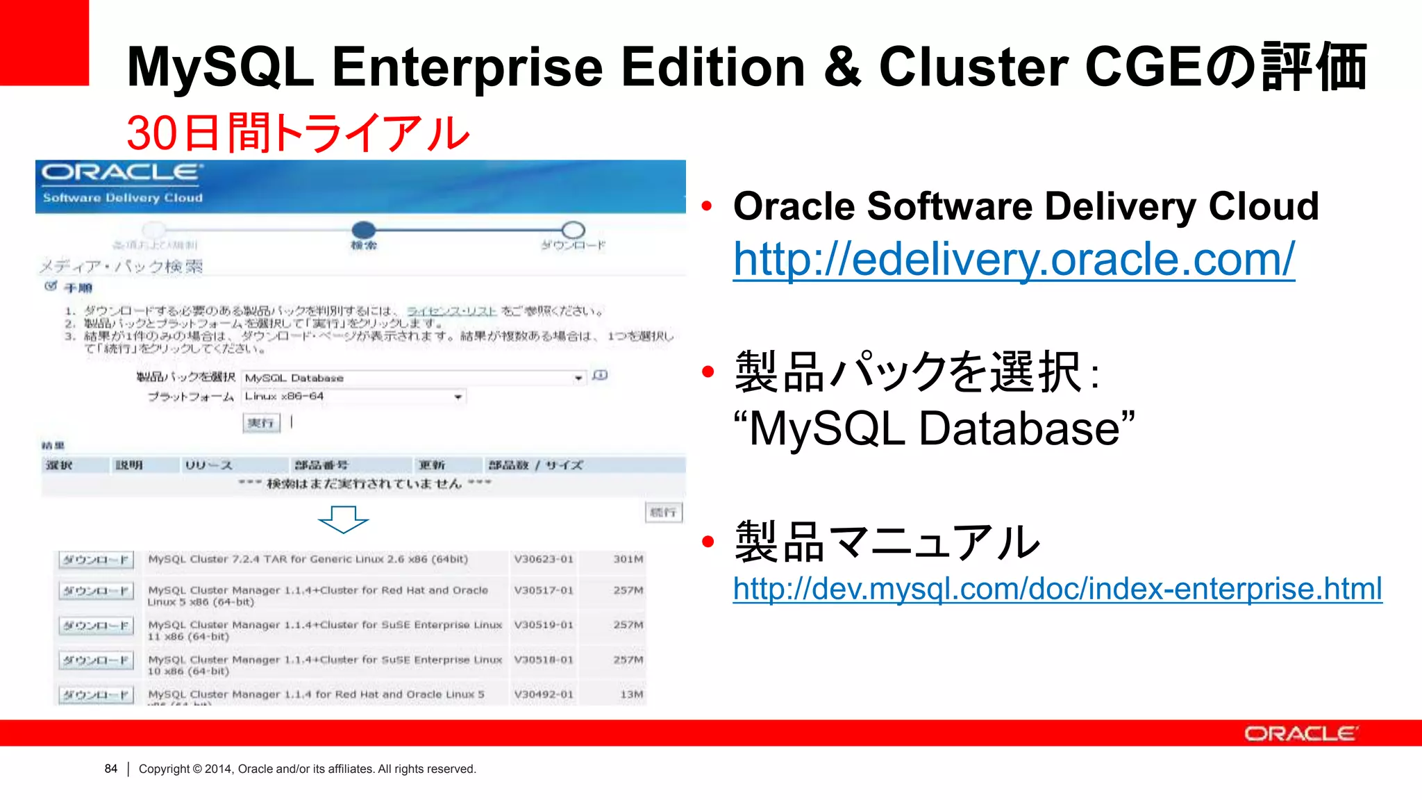 84 Copyright © 2014, Oracle and/or its affiliates. All rights reserved.
MySQL Enterprise Edition & Cluster CGEの評価
• Oracle Software Delivery Cloud
http://edelivery.oracle.com/
• 製品パックを選択：
“MySQL Database”
• 製品マニュアル
http://dev.mysql.com/doc/index-enterprise.html
30日間トライアル
 
