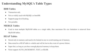 Understanding MySQL's Table Types
BDB Tables
● Transaction safe.
● Not as widely used with MySQL as InnoDB.
● Supports page-level locking.
● Not portable.
MERGE Tables
● Used to treat multiple MyISAM tables as a single table, thus maximum file size limitation is removed from
MyISAM tables.
HEAP Tables
● Stored only in memory and need to be limited in size to avoid running out of memory.
● Data stored in a HEAP table is volatile and will be lost in the event of a power failure.
● Super fast, as long as you have enough physical memory to keep them.
● Notot support AUTO_INCREMENT, TEXT, or BLOB.
 