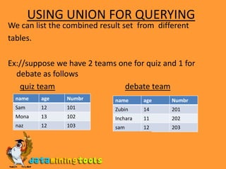 USING UNION FOR QUERYINGWe can list the combined result set  from  differenttables.Ex://suppose we have 2 teams one for quiz and 1 for debate as followsquiz teamdebate team