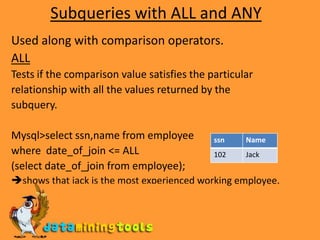 Subqueries with ALL and ANY Used along with comparison operators.ALLTests if the comparison value satisfies the particularrelationship with all the values returned by thesubquery.Mysql>select ssn,name from employee where  date_of_join <= ALL(select date_of_join from employee);shows that jack is the most experienced working employee.