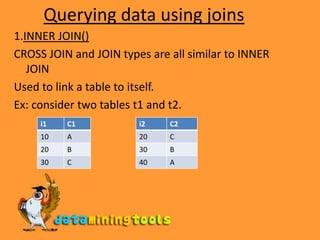 Querying data using joins1.INNER JOIN()CROSS JOIN and JOIN types are all similar to INNER JOINUsed to link a table to itself.Ex: consider two tables t1 and t2. 