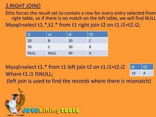 2.RIGHT JOIN()(this forces the result set to contain a row for every entry selected from the right table, so if there is no match on the left table, we will find NULL)Mysql>select t1.*,t2.* from t1 right join t2 on t1.i1=t2.i2;Mysql>select t1.* from t1 left join t2 on t1.i1=t2.i2Where t1.i1 ISNULL; (left join is used to find the records where there is mismatch)