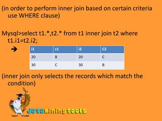 (in order to perform inner join based on certain criteria use WHERE clause)Mysql>select t1.*,t2.* from t1 inner join t2 where t1.i1=t2.i2;      (inner join only selects the records which match the condition) 