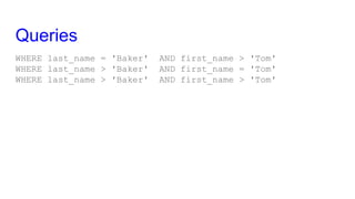 Queries
WHERE last_name = 'Baker' AND first_name > 'Tom'
WHERE last_name > 'Baker' AND first_name = 'Tom'
WHERE last_name ...