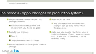 Copyright 2016 Severalnines AB
20
The process - apply changes on production systems
! Make sure you know what impact your
...