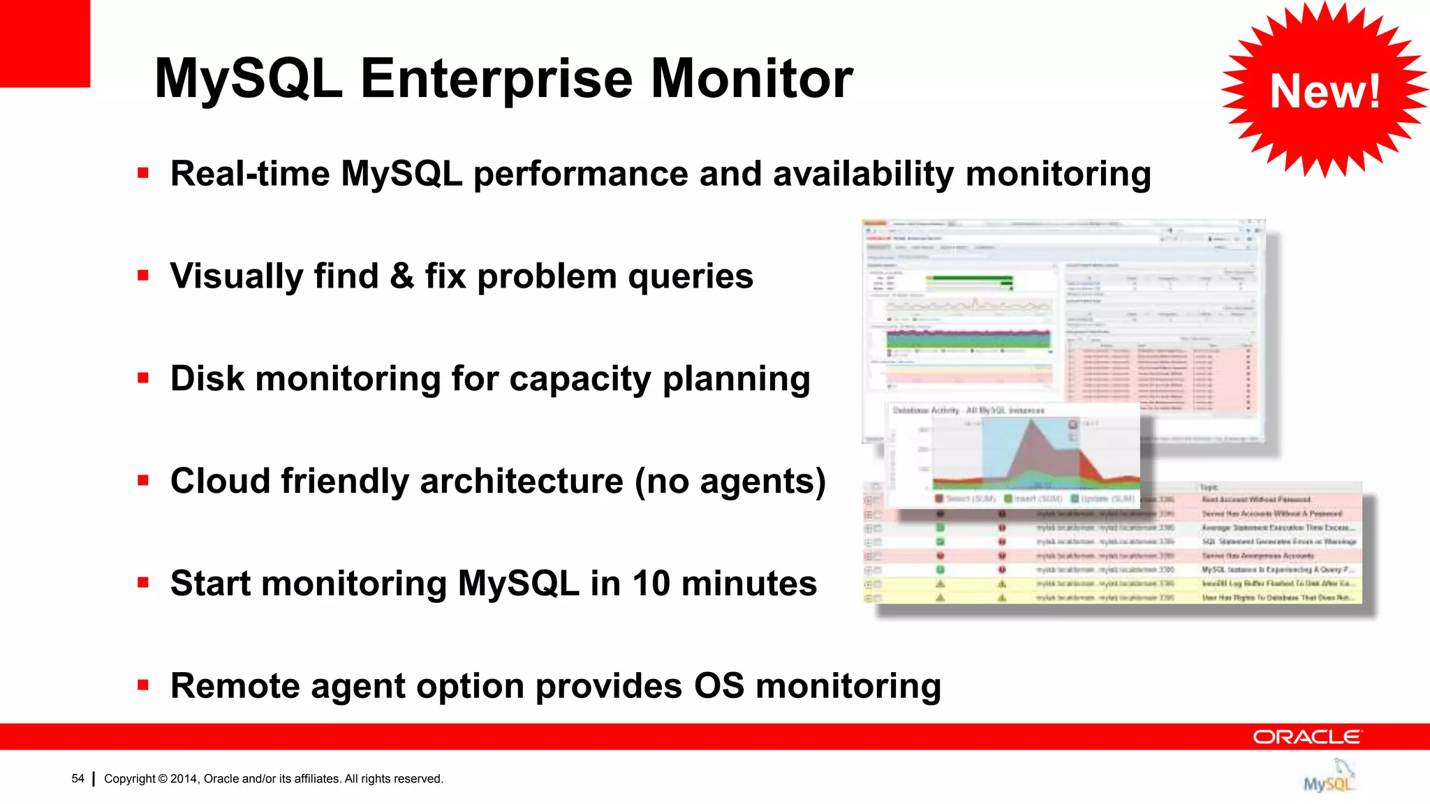 Copyright © 2014, Oracle and/or its affiliates. All rights reserved.54
MySQL Enterprise Monitor
 Real-time MySQL performance and availability monitoring
 Visually find & fix problem queries
 Disk monitoring for capacity planning
 Cloud friendly architecture (no agents)
 Start monitoring MySQL in 10 minutes
 Remote agent option provides OS monitoring
New!
 