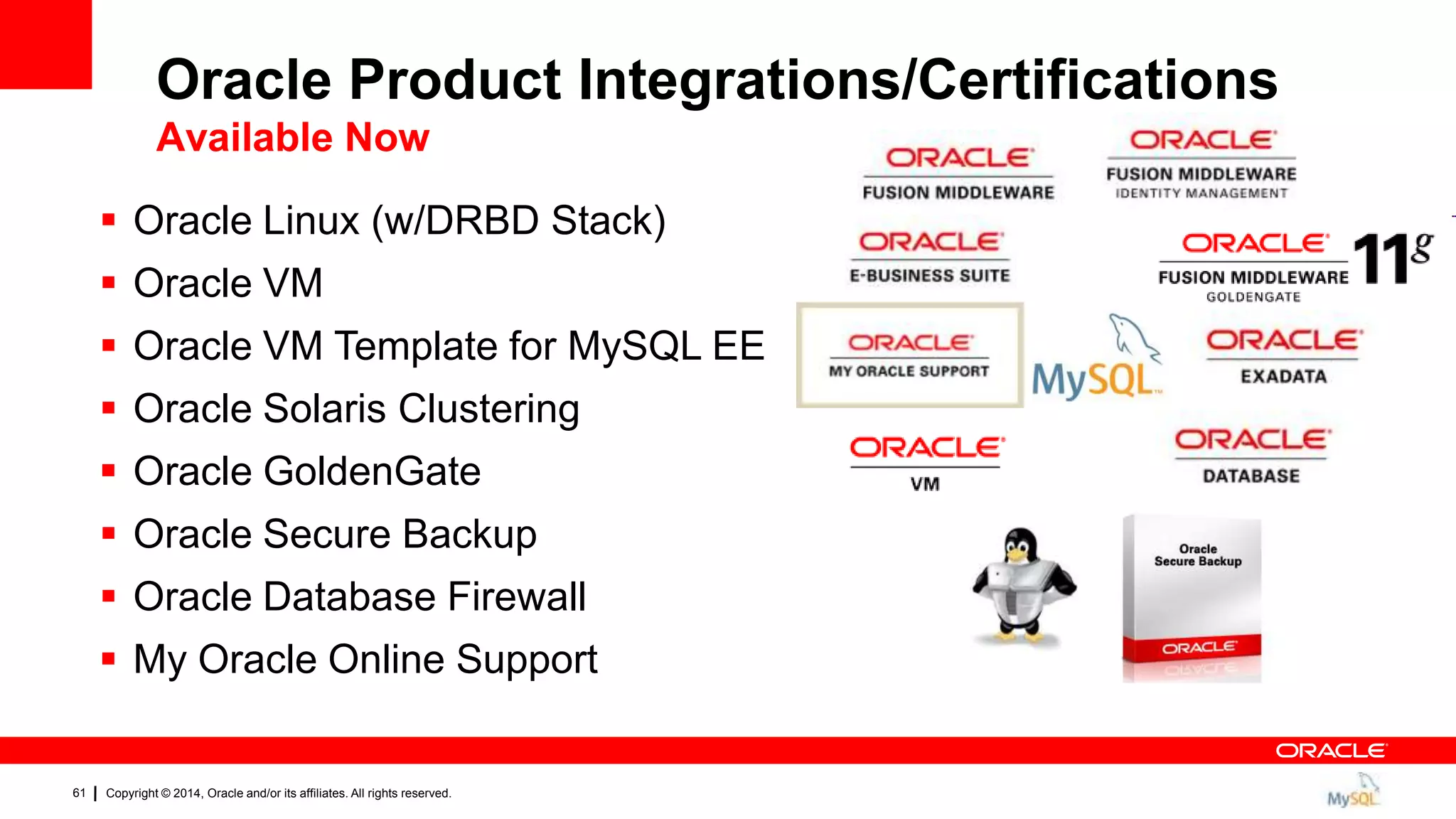 Copyright © 2014, Oracle and/or its affiliates. All rights reserved.61
 Oracle Linux (w/DRBD Stack)
 Oracle VM
 Oracle VM Template for MySQL EE
 Oracle Solaris Clustering
 Oracle GoldenGate
 Oracle Secure Backup
 Oracle Database Firewall
 My Oracle Online Support
Oracle Product Integrations/Certifications
Available Now
 