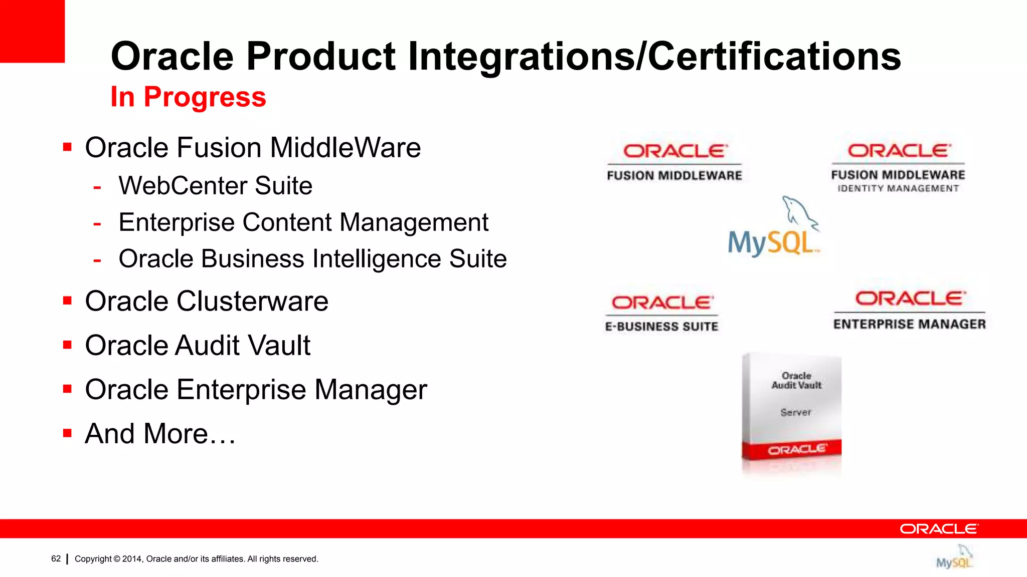 Copyright © 2014, Oracle and/or its affiliates. All rights reserved.62
Oracle Product Integrations/Certifications
In Progress
 Oracle Fusion MiddleWare
- WebCenter Suite
- Enterprise Content Management
- Oracle Business Intelligence Suite
 Oracle Clusterware
 Oracle Audit Vault
 Oracle Enterprise Manager
 And More…
 