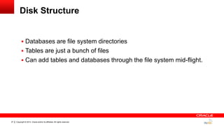 Copyright © 2014, Oracle and/or its affiliates. All rights reserved.27
Disk Structure
 Databases are file system directories
 Tables are just a bunch of files
 Can add tables and databases through the file system mid-flight.
 