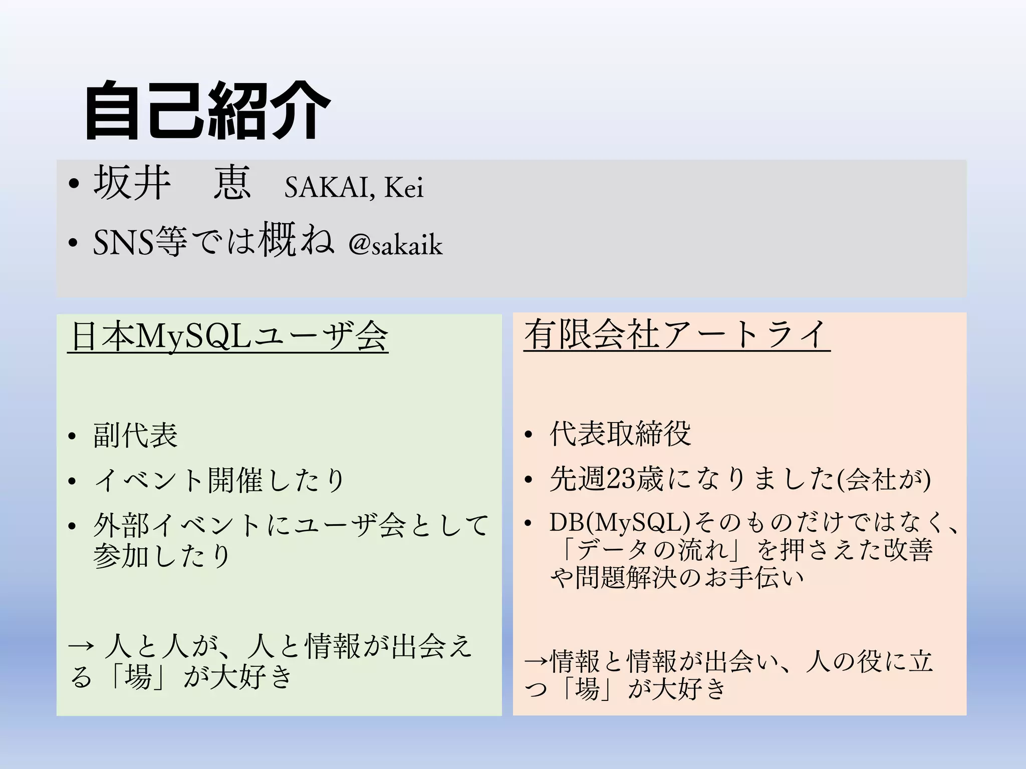 自己紹介
日本MySQLユーザ会
• 副代表
• イベント開催したり
• 外部イベントにユーザ会として
参加したり
→ 人と人が、人と情報が出会え
る「場」が大好き
有限会社アートライ
• 代表取締役
• 先週23歳になりました(会社が)
• DB(MySQL)そのものだけではなく、
「データの流れ」を押さえた改善
や問題解決のお手伝い
→情報と情報が出会い、人の役に立
つ「場」が大好き
• 坂井 恵 SAKAI, Kei
• SNS等では概ね @sakaik
 