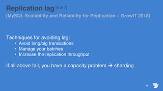 14
Replication lag [4 of 7]
(MySQL Scalability and Reliability for Replication – GrowIT 2018)
Techniques for avoiding lag:
• Avoid long/big transactions
• Manage your batches
• Increase the replication throughput
If all above fail, you have a capacity problem à sharding
 