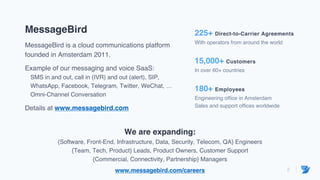 2
MessageBird
MessageBird is a cloud communications platform
founded in Amsterdam 2011.
Example of our messaging and voice SaaS:
SMS in and out, call in (IVR) and out (alert), SIP,
WhatsApp, Facebook, Telegram, Twitter, WeChat, …
Omni-Channel Conversation
Details at www.messagebird.com
225+ Direct-to-Carrier Agreements
With operators from around the world
15,000+ Customers
In over 60+ countries
180+ Employees
Engineering office in Amsterdam
Sales and support offices worldwide
We are expanding:
{Software, Front-End, Infrastructure, Data, Security, Telecom, QA} Engineers
{Team, Tech, Product} Leads, Product Owners, Customer Support
{Commercial, Connectivity, Partnership} Managers
www.messagebird.com/careers
 