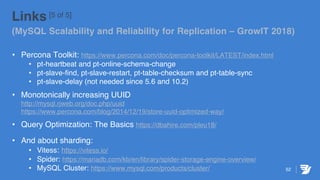 52
Links [5 of 5]
(MySQL Scalability and Reliability for Replication – GrowIT 2018)
• Percona Toolkit: https://www.percona.com/doc/percona-toolkit/LATEST/index.html
• pt-heartbeat and pt-online-schema-change
• pt-slave-find, pt-slave-restart, pt-table-checksum and pt-table-sync
• pt-slave-delay (not needed since 5.6 and 10.2)
• Monotonically increasing UUID
http://mysql.rjweb.org/doc.php/uuid
https://www.percona.com/blog/2014/12/19/store-uuid-optimized-way/
• Query Optimization: The Basics https://dbahire.com/pleu18/
• And about sharding:
• Vitess: https://vitess.io/
• Spider: https://mariadb.com/kb/en/library/spider-storage-engine-overview/
• MySQL Cluster: https://www.mysql.com/products/cluster/
 