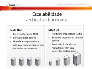 16 de julho de 2011 no Hotel Blue Tree Morumbi, São Paulo - SP




                  Escalabilidade
               vertical vs horizontal

Scale Out                           Scale Up
•   Commodity Intel / AMD           • Hardware proprietário (SMP)
•   Software open source            • Software proprietário ou open
•   Liberdade de plataforma           source
•   Adiciona mais servidores para   • Amarrado à plataforma
    aumentar performance            • “Empilhamento” para
                                      aumentar performance
 