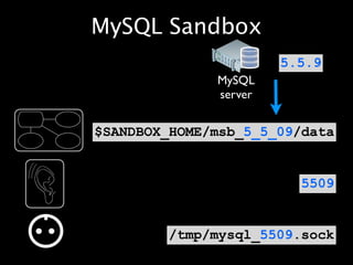 MySQL Sandbox
                       5.5.9
              MySQL
              server


$SANDBOX_HOME/msb_5_5_09/data


                         5509


        /tmp/mysql_5509.sock
 