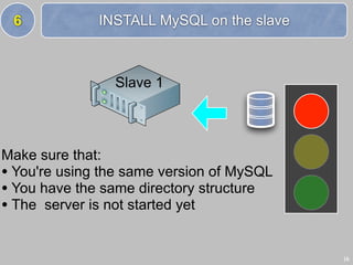 6            INSTALL MySQL on the slave



                Slave 1




Make sure that:
• You're using the same version of MySQL
• You have the same directory structure
• The server is not started yet

                                           16
 