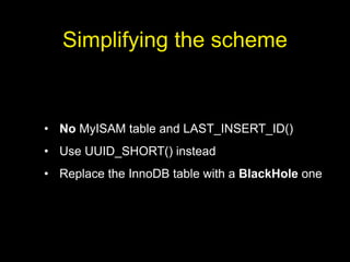 Simplifying the scheme


• No MyISAM table and LAST_INSERT_ID()
• Use UUID_SHORT() instead
• Replace the InnoDB table with a BlackHole one
 