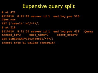 Expensive query split
# at 471
#110410 8:21:21 server id 1 end_log_pos 518
User_var
SET @`result`:=0/*!*/;
# at 518
#110410 8:21:21 server id 1 end_log_pos 612    Query
thread_id=3     exec_time=0     error_code=0
SET TIMESTAMP=1302448881/*!*/;
insert into t1 values (@result)
 