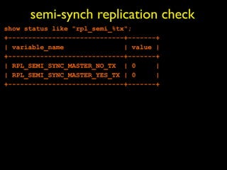 semi-synch replication check
show status like "rpl_semi_%tx";
+-----------------------------+-------+
| variable_name               | value |
+-----------------------------+-------+
| RPL_SEMI_SYNC_MASTER_NO_TX | 0      |
| RPL_SEMI_SYNC_MASTER_YES_TX | 0     |
+-----------------------------+-------+
 
