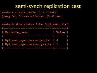 semi-synch replication test
master> create table t1 ( i int);
Query OK, 0 rows affected (0.01 sec)

master> show status like "rpl_semi_%tx";
+-----------------------------+-------+
| Variable_name               | Value |
+-----------------------------+-------+
| Rpl_semi_sync_master_no_tx | 0      |
| Rpl_semi_sync_master_yes_tx | 1     |
+-----------------------------+-------+
 