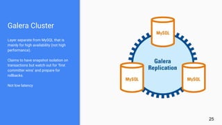 Galera Cluster
Layer separate from MySQL that is
mainly for high availability (not high
performance).
Claims to have snapshot isolation on
transactions but watch out for ‘first
committer wins’ and prepare for
rollbacks.
Not low latency
25
 