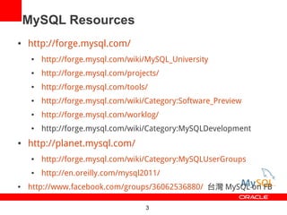 MySQL Resources
   http://forge.mysql.com/
        http://forge.mysql.com/wiki/MySQL_University
        http://forge.mysql.com/projects/
        http://forge.mysql.com/tools/
        http://forge.mysql.com/wiki/Category:Software_Preview
        http://forge.mysql.com/worklog/
        http://forge.mysql.com/wiki/Category:MySQLDevelopment
   http://planet.mysql.com/
        http://forge.mysql.com/wiki/Category:MySQLUserGroups
        http://en.oreilly.com/mysql2011/
   http://www.facebook.com/groups/36062536880/ ̨ MySQL on FB

                                     3
 