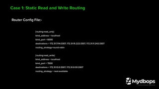 Router Conﬁg File:-
[routing:read_only]
bind_address = localhost
bind_port = 6000
destinations = 172.31.7.114:3307, 172.31.15.222:3307, 172.31.11.242:3307
routing_strategy=round-robin
[routing:read_write]
bind_address = localhost
bind_port = 7000
destinations = 172.31.13.0:3307, 172.31.0.131:3307
routing_strategy = next-available
Case 1: Static Read and Write Routing
 