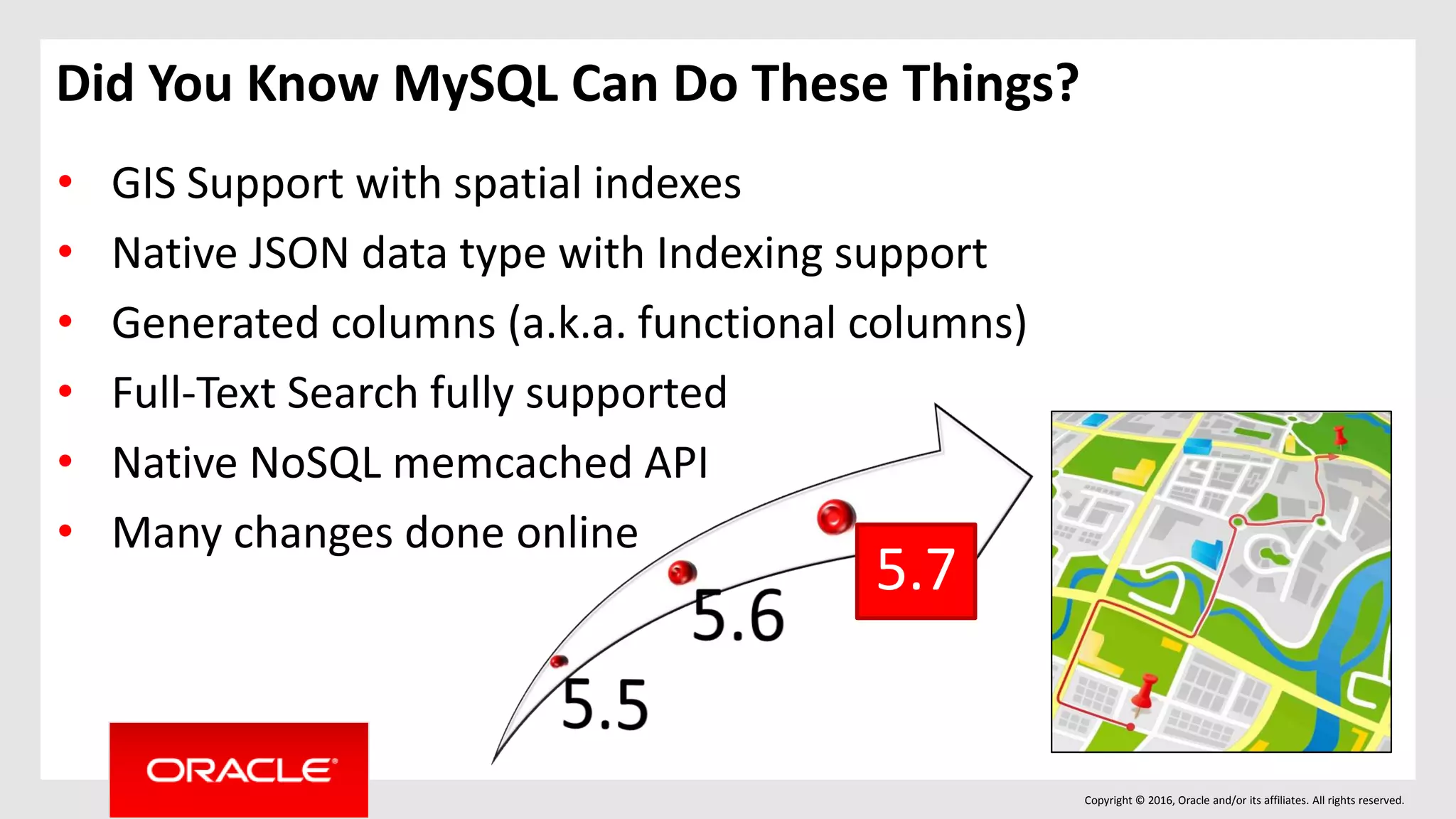 Copyright © 2016, Oracle and/or its affiliates. All rights reserved.
Did You Know MySQL Can Do These Things?
• GIS Support with spatial indexes
• Native JSON data type with Indexing support
• Generated columns (a.k.a. functional columns)
• Full-Text Search fully supported
• Native NoSQL memcached API
• Many changes done online
5.7
 