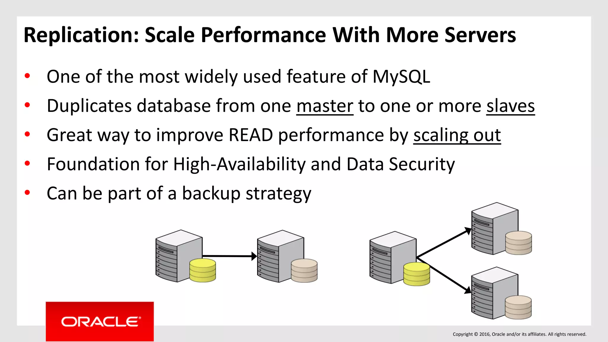Copyright © 2016, Oracle and/or its affiliates. All rights reserved.
Replication: Scale Performance With More Servers
• One of the most widely used feature of MySQL
• Duplicates database from one master to one or more slaves
• Great way to improve READ performance by scaling out
• Foundation for High-Availability and Data Security
• Can be part of a backup strategy
 