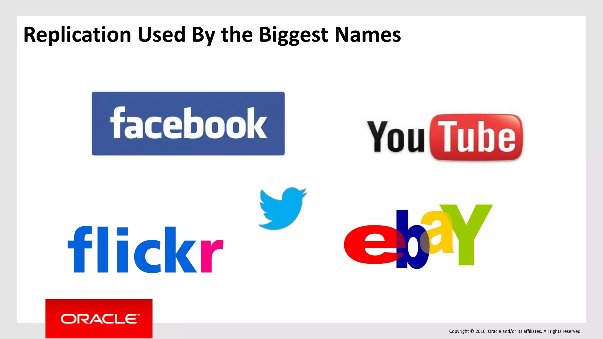 Copyright © 2016, Oracle and/or its affiliates. All rights reserved.
Replication Used By the Biggest Names
 
