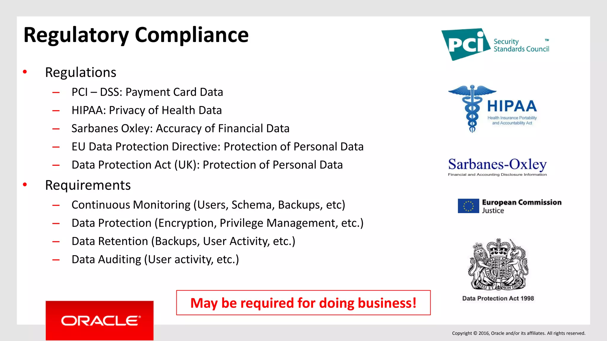 Copyright © 2016, Oracle and/or its affiliates. All rights reserved.
• Regulations
– PCI – DSS: Payment Card Data
– HIPAA: Privacy of Health Data
– Sarbanes Oxley: Accuracy of Financial Data
– EU Data Protection Directive: Protection of Personal Data
– Data Protection Act (UK): Protection of Personal Data
• Requirements
– Continuous Monitoring (Users, Schema, Backups, etc)
– Data Protection (Encryption, Privilege Management, etc.)
– Data Retention (Backups, User Activity, etc.)
– Data Auditing (User activity, etc.)
May be required for doing business!
Regulatory Compliance
 
