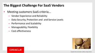 Copyright © 2016, Oracle and/or its affiliates. All rights reserved.
• Meeting customers SaaS criteria...
– Vendor Experience and Reliability
– Data Security, Protection and and Service Levels
– Performance and Scalability
– Manageability, Flexibility
– Cost-effectiveness
The Biggest Challenge For SaaS Vendors
 