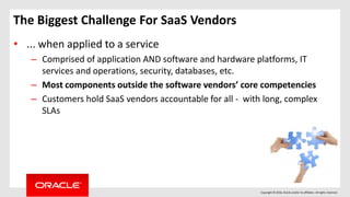 Copyright © 2016, Oracle and/or its affiliates. All rights reserved.
• ... when applied to a service
– Comprised of application AND software and hardware platforms, IT
services and operations, security, databases, etc.
– Most components outside the software vendors’ core competencies
– Customers hold SaaS vendors accountable for all - with long, complex
SLAs
The Biggest Challenge For SaaS Vendors
 
