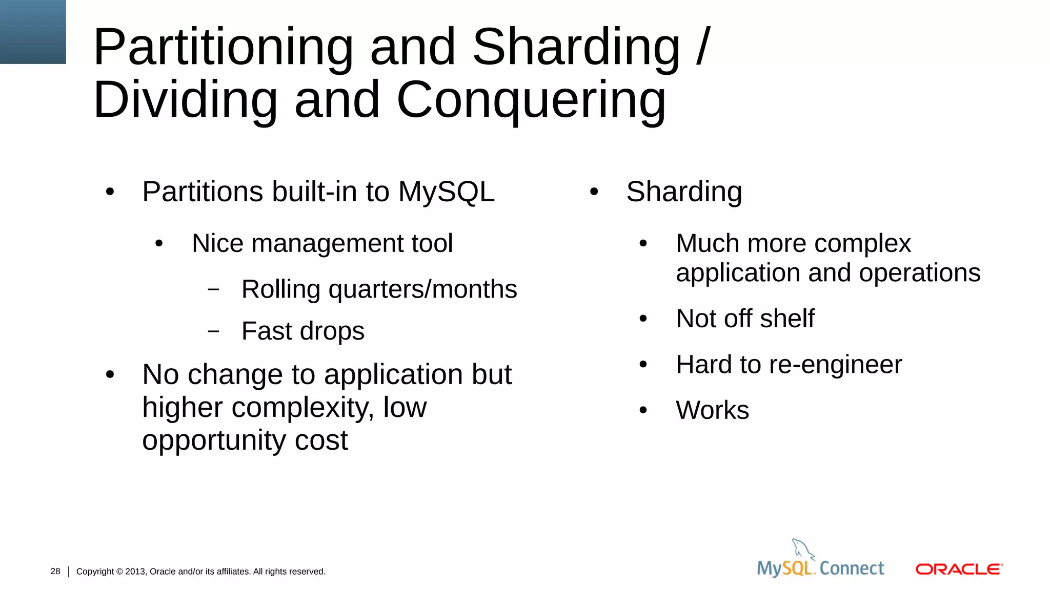 Partitioning and Sharding /
Dividing and Conquering
●

Partitions built-in to MySQL
●

Nice management tool
–

●

28

Fast drops

Sharding
●

Rolling quarters/months

–

●

No change to application but
higher complexity, low
opportunity cost

Copyright © 2013, Oracle and/or its affiliates. All rights reserved.

Much more complex
application and operations

●

Not off shelf

●

Hard to re-engineer

●

Works

 