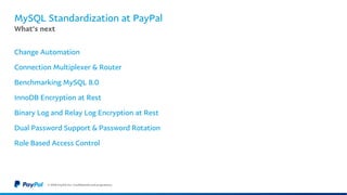 MySQL Standardization at PayPal
Change Automation
Connection Multiplexer & Router
Benchmarking MySQL 8.0
InnoDB Encryption...
