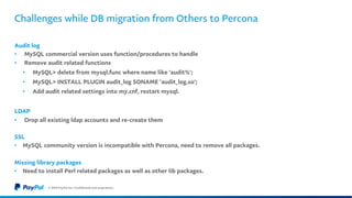 Challenges while DB migration from Others to Percona
Audit log
• MySQL commercial version uses function/procedures to hand...