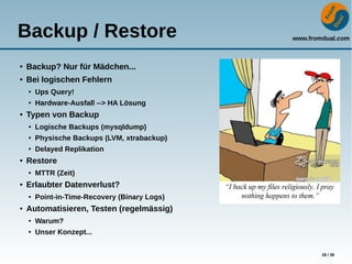 www.fromdual.com
28 / 39
Backup / Restore
● Backup? Nur für Mädchen...
● Bei logischen Fehlern
● Ups Query!
● Hardware-Ausfall --> HA Lösung
● Typen von Backup
● Logische Backups (mysqldump)
● Physische Backups (LVM, xtrabackup)
● Delayed Replikation
● Restore
● MTTR (Zeit)
● Erlaubter Datenverlust?
● Point-in-Time-Recovery (Binary Logs)
● Automatisieren, Testen (regelmässig)
● Warum?
● Unser Konzept...
 