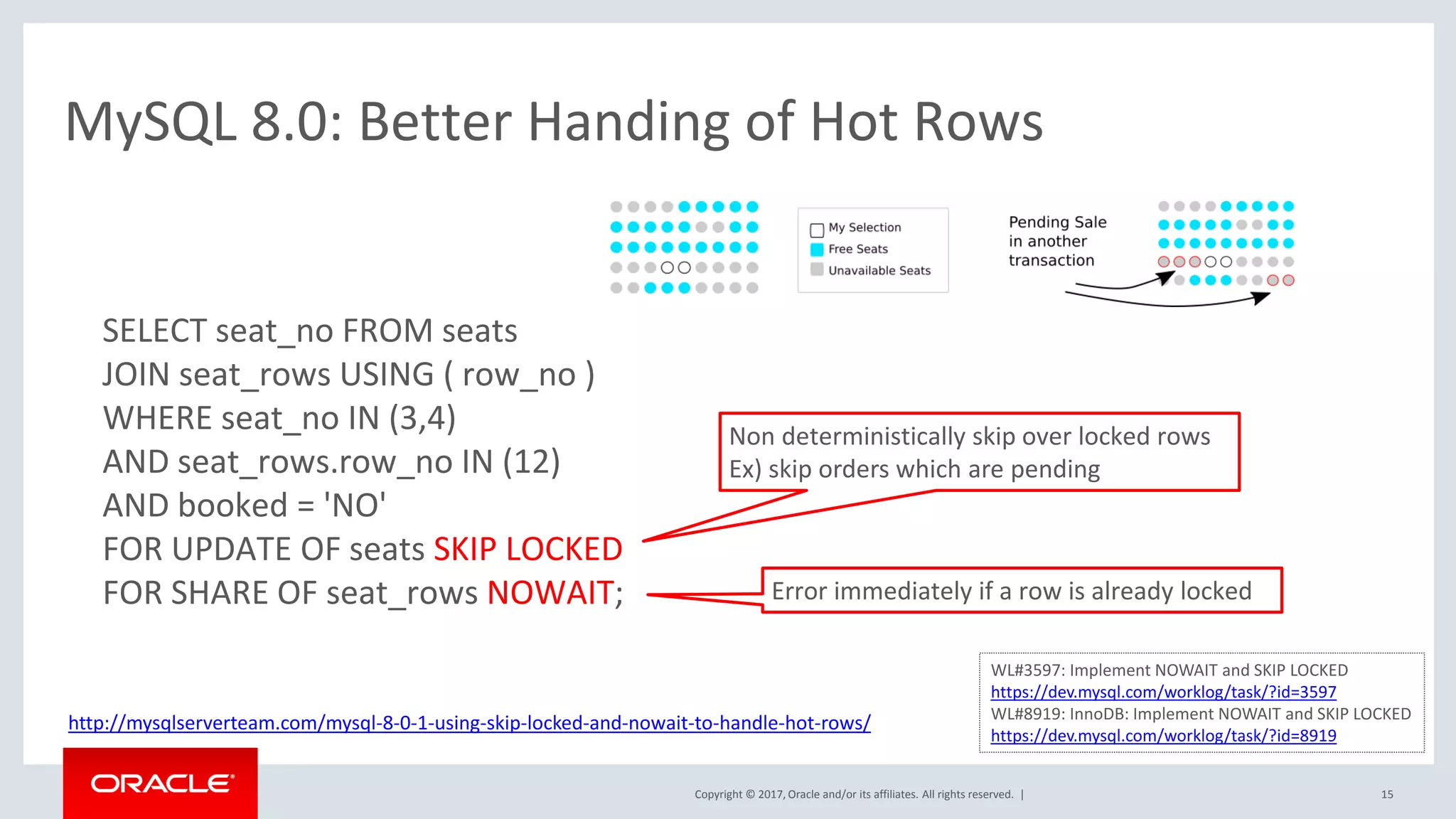 Copyright © 2017, Oracle and/or its affiliates. All rights reserved. |
MySQL 8.0: Better Handing of Hot Rows
15
SELECT seat_no FROM seats
JOIN seat_rows USING ( row_no )
WHERE seat_no IN (3,4)
AND seat_rows.row_no IN (12)
AND booked = 'NO'
FOR UPDATE OF seats SKIP LOCKED
FOR SHARE OF seat_rows NOWAIT;
Non deterministically skip over locked rows
Ex) skip orders which are pending
Error immediately if a row is already locked
http://mysqlserverteam.com/mysql-8-0-1-using-skip-locked-and-nowait-to-handle-hot-rows/
WL#3597: Implement NOWAIT and SKIP LOCKED
https://dev.mysql.com/worklog/task/?id=3597
WL#8919: InnoDB: Implement NOWAIT and SKIP LOCKED
https://dev.mysql.com/worklog/task/?id=8919
 