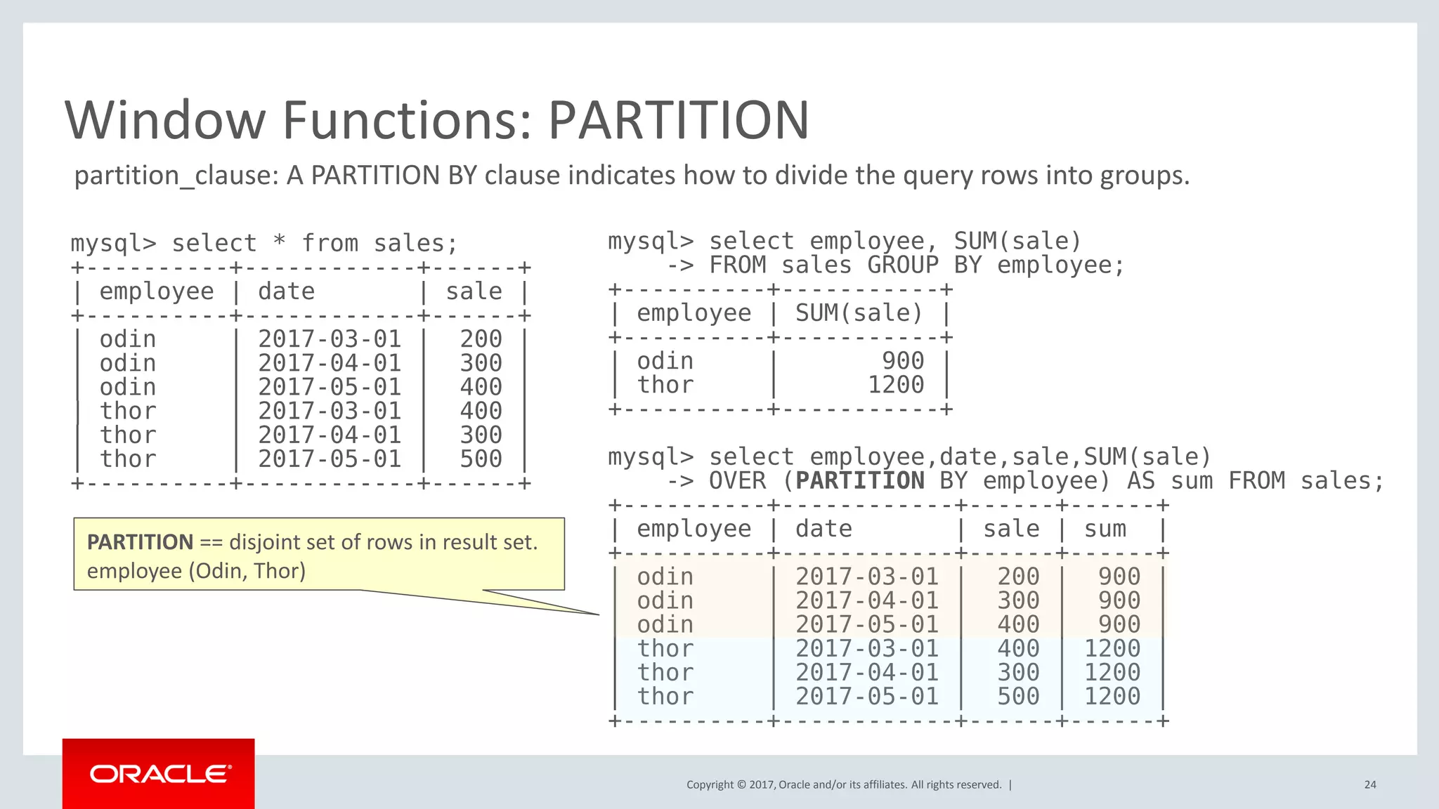 Copyright © 2017, Oracle and/or its affiliates. All rights reserved. |
Window Functions: PARTITION
mysql> select * from sales;
+----------+------------+------+
| employee | date | sale |
+----------+------------+------+
| odin | 2017-03-01 | 200 |
| odin | 2017-04-01 | 300 |
| odin | 2017-05-01 | 400 |
| thor | 2017-03-01 | 400 |
| thor | 2017-04-01 | 300 |
| thor | 2017-05-01 | 500 |
+----------+------------+------+
mysql> select employee, SUM(sale)
-> FROM sales GROUP BY employee;
+----------+-----------+
| employee | SUM(sale) |
+----------+-----------+
| odin | 900 |
| thor | 1200 |
+----------+-----------+
mysql> select employee,date,sale,SUM(sale)
-> OVER (PARTITION BY employee) AS sum FROM sales;
+----------+------------+------+------+
| employee | date | sale | sum |
+----------+------------+------+------+
| odin | 2017-03-01 | 200 | 900 |
| odin | 2017-04-01 | 300 | 900 |
| odin | 2017-05-01 | 400 | 900 |
| thor | 2017-03-01 | 400 | 1200 |
| thor | 2017-04-01 | 300 | 1200 |
| thor | 2017-05-01 | 500 | 1200 |
+----------+------------+------+------+
PARTITION == disjoint set of rows in result set.
employee (Odin, Thor)
partition_clause: A PARTITION BY clause indicates how to divide the query rows into groups.
24
 