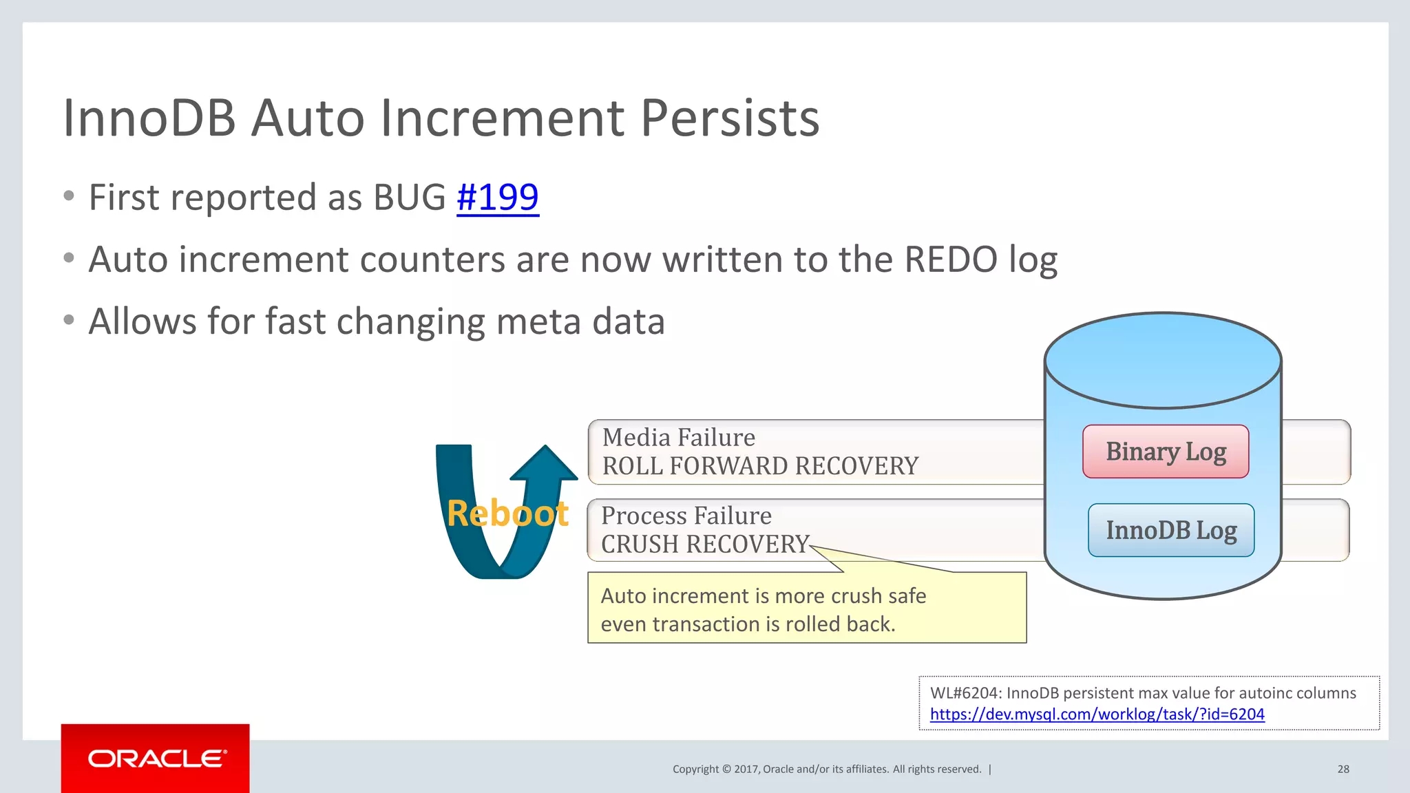 Copyright © 2017, Oracle and/or its affiliates. All rights reserved. |
InnoDB Auto Increment Persists
• First reported as BUG #199
• Auto increment counters are now written to the REDO log
• Allows for fast changing meta data
28
WL#6204: InnoDB persistent max value for autoinc columns
https://dev.mysql.com/worklog/task/?id=6204
Auto increment is more crush safe
even transaction is rolled back.
Media Failure
ROLL FORWARD RECOVERY
Process Failure
CRUSH RECOVERY
Binary Log
InnoDB LogReboot
 