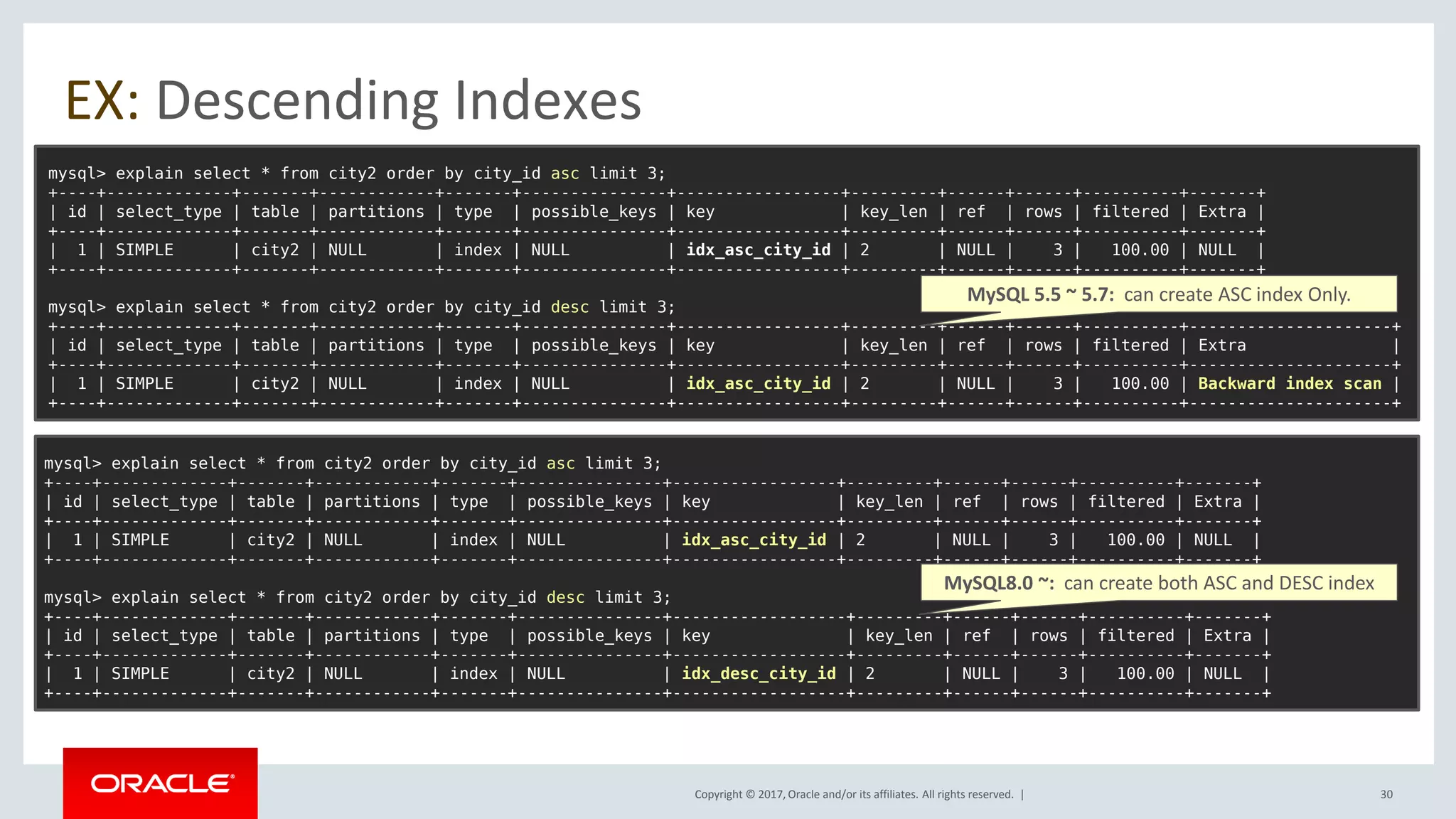 Copyright © 2017, Oracle and/or its affiliates. All rights reserved. |
mysql> explain select * from city2 order by city_id asc limit 3;
+----+-------------+-------+------------+-------+---------------+-----------------+---------+------+------+----------+-------+
| id | select_type | table | partitions | type | possible_keys | key | key_len | ref | rows | filtered | Extra |
+----+-------------+-------+------------+-------+---------------+-----------------+---------+------+------+----------+-------+
| 1 | SIMPLE | city2 | NULL | index | NULL | idx_asc_city_id | 2 | NULL | 3 | 100.00 | NULL |
+----+-------------+-------+------------+-------+---------------+-----------------+---------+------+------+----------+-------+
mysql> explain select * from city2 order by city_id desc limit 3;
+----+-------------+-------+------------+-------+---------------+-----------------+---------+------+------+----------+---------------------+
| id | select_type | table | partitions | type | possible_keys | key | key_len | ref | rows | filtered | Extra |
+----+-------------+-------+------------+-------+---------------+-----------------+---------+------+------+----------+---------------------+
| 1 | SIMPLE | city2 | NULL | index | NULL | idx_asc_city_id | 2 | NULL | 3 | 100.00 | Backward index scan |
+----+-------------+-------+------------+-------+---------------+-----------------+---------+------+------+----------+---------------------+
MySQL 5.5 ~ 5.7: can create ASC index Only.
mysql> explain select * from city2 order by city_id asc limit 3;
+----+-------------+-------+------------+-------+---------------+-----------------+---------+------+------+----------+-------+
| id | select_type | table | partitions | type | possible_keys | key | key_len | ref | rows | filtered | Extra |
+----+-------------+-------+------------+-------+---------------+-----------------+---------+------+------+----------+-------+
| 1 | SIMPLE | city2 | NULL | index | NULL | idx_asc_city_id | 2 | NULL | 3 | 100.00 | NULL |
+----+-------------+-------+------------+-------+---------------+-----------------+---------+------+------+----------+-------+
mysql> explain select * from city2 order by city_id desc limit 3;
+----+-------------+-------+------------+-------+---------------+------------------+---------+------+------+----------+-------+
| id | select_type | table | partitions | type | possible_keys | key | key_len | ref | rows | filtered | Extra |
+----+-------------+-------+------------+-------+---------------+------------------+---------+------+------+----------+-------+
| 1 | SIMPLE | city2 | NULL | index | NULL | idx_desc_city_id | 2 | NULL | 3 | 100.00 | NULL |
+----+-------------+-------+------------+-------+---------------+------------------+---------+------+------+----------+-------+
MySQL8.0 ~: can create both ASC and DESC index
EX: Descending Indexes
30
 