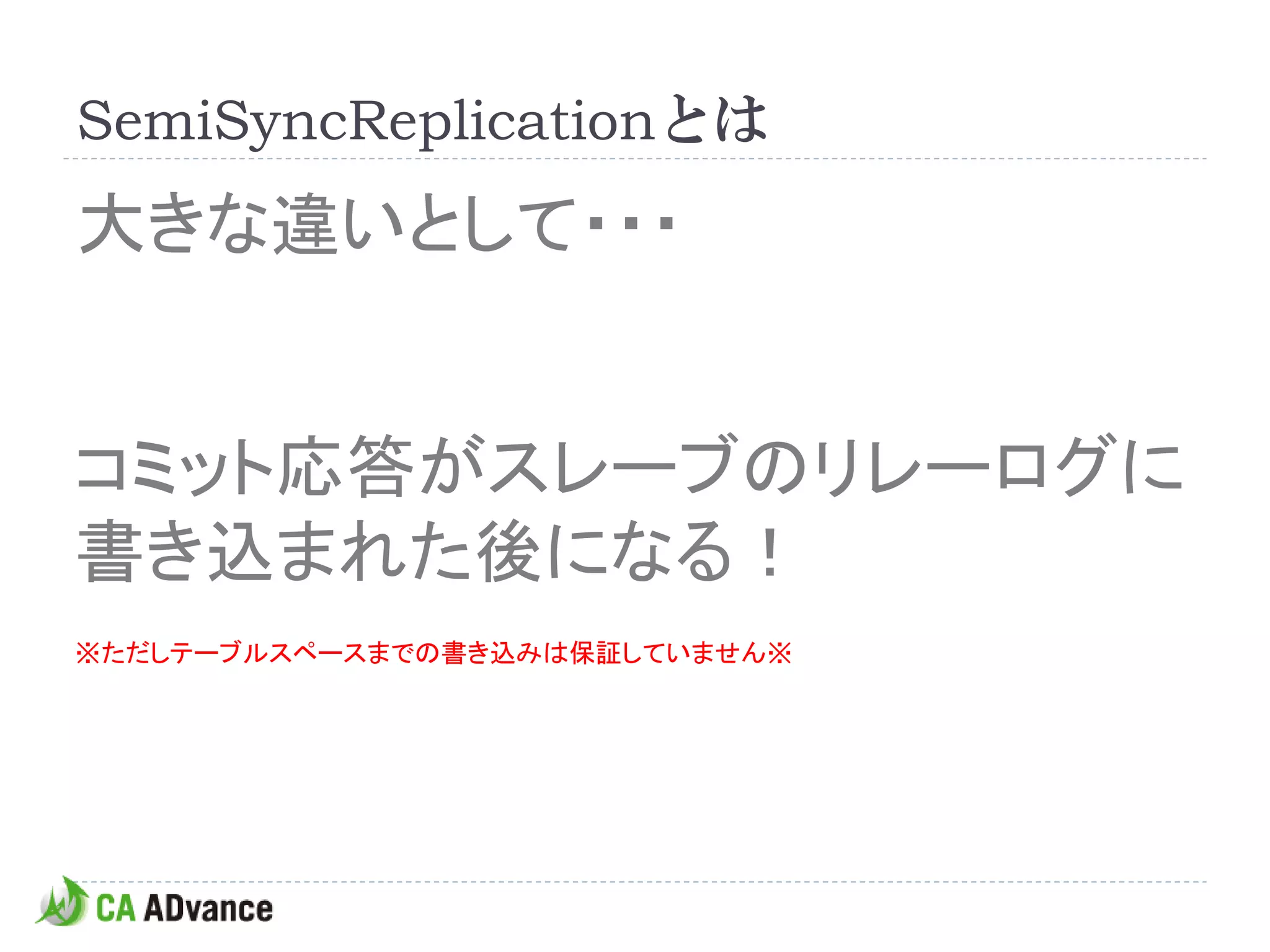 SemiSyncReplicationとは
大きな違いとして・・・


コミット応答がスレーブのリレーログに
書き込まれた後になる！
※ただしテーブルスペースまでの書き込みは保証していません※
 