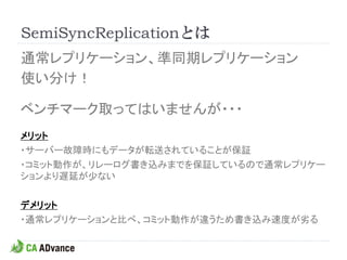 SemiSyncReplicationとは
通常レプリケーション、準同期レプリケーション
使い分け！

ベンチマーク取ってはいませんが・・・
メリット
・サーバー故障時にもデータが転送されていることが保証
・コミット動作が、リレーログ書き込みまでを保証しているので通常レプリケー
ションより遅延が少ない

デメリット
・通常レプリケーションと比べ、コミット動作が違うため書き込み速度が劣る
 