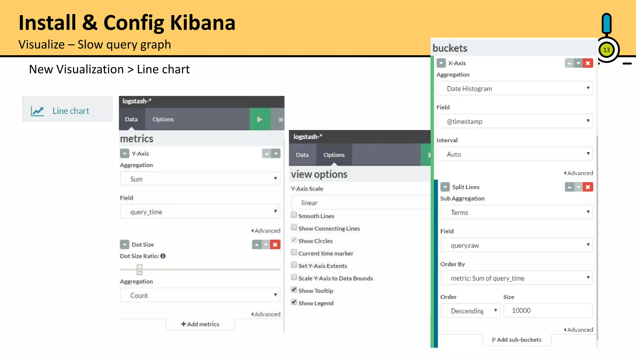 13 New Visualization > Line chart Install & Config Kibana Visualize – Slow query graph 