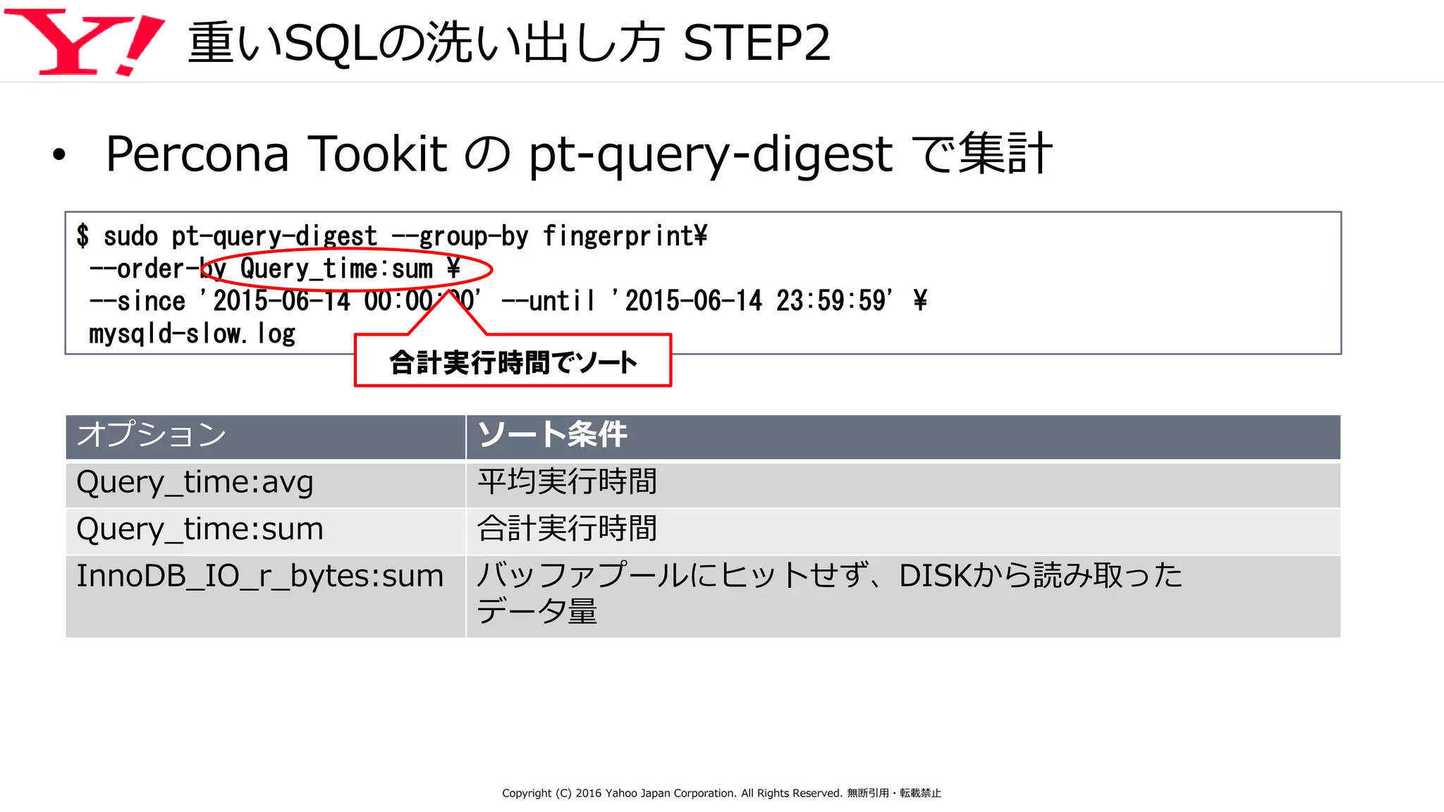 • Percona Tookit の pt-query-digest で集計
重いSQLの洗い出し方 STEP2
$ sudo pt-query-digest --group-by fingerprint¥
--order-by Query_time:sum ¥
--since '2015-06-14 00:00:00' --until '2015-06-14 23:59:59' ¥
mysqld-slow.log
合計実行時間でソート
オプション ソート条件
Query_time:avg 平均実行時間
Query_time:sum 合計実行時間
InnoDB_IO_r_bytes:sum バッファプールにヒットせず、DISKから読み取った
データ量
Copyright (C) 2016 Yahoo Japan Corporation. All Rights Reserved. 無断引用・転載禁止
 